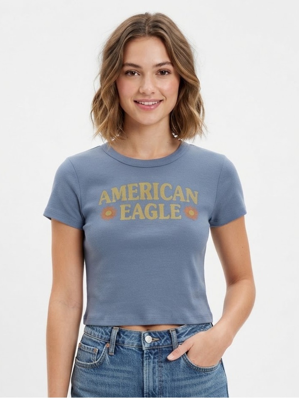 American Eagle Blue Graphic Cropped Short Sleeve Tee Shirt Size Large